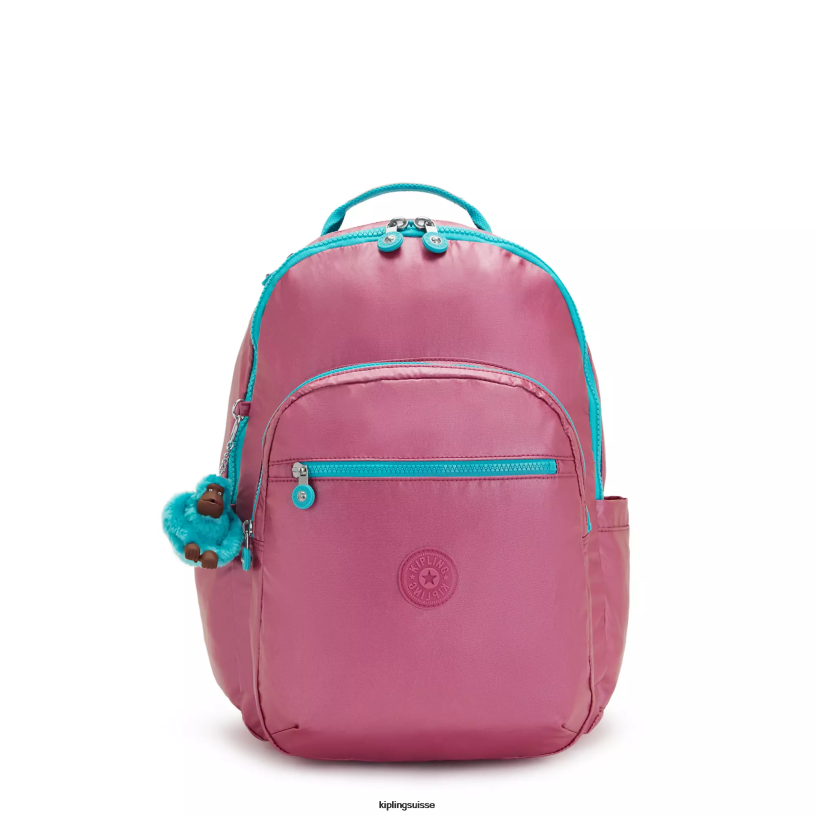 Kipling sacs à dos pour ordinateur portable rose frais métallisé femmes séoul ​​grand sac à dos métallique pour ordinateur portable 15" FPRN459