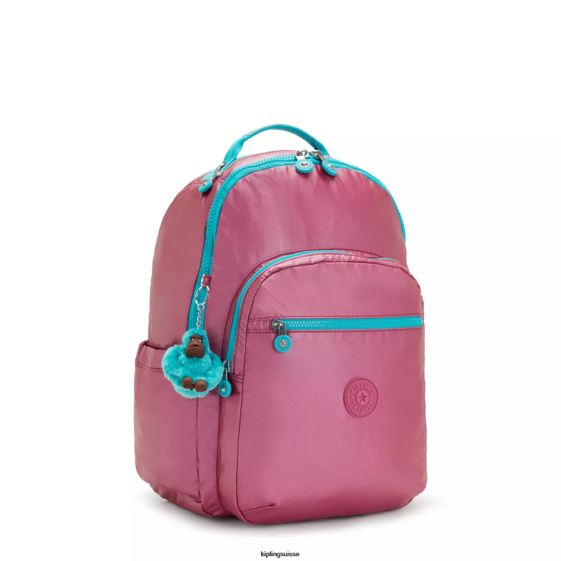 Kipling sacs à dos pour ordinateur portable rose frais métallisé femmes séoul ​​grand sac à dos métallique pour ordinateur portable 15" FPRN459