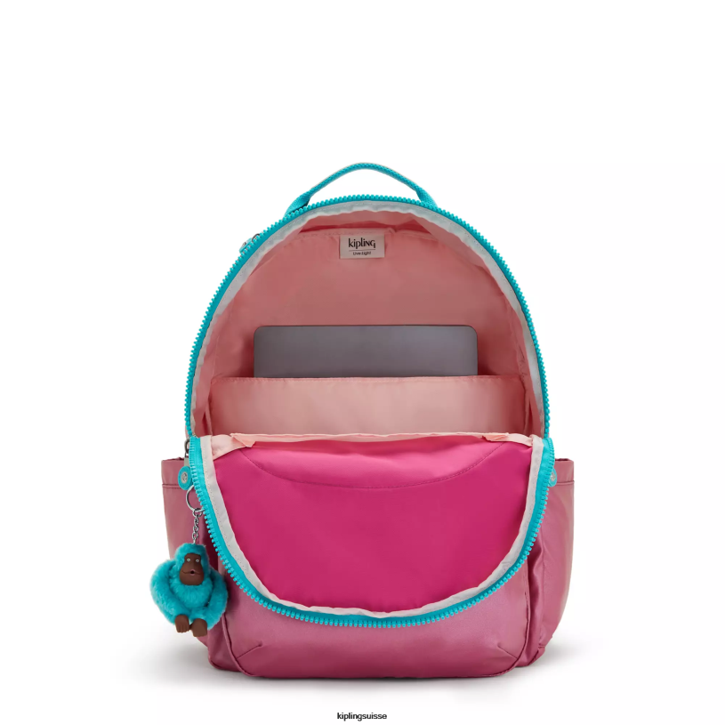 Kipling sacs à dos pour ordinateur portable rose frais métallisé femmes séoul ​​grand sac à dos métallique pour ordinateur portable 15" FPRN459