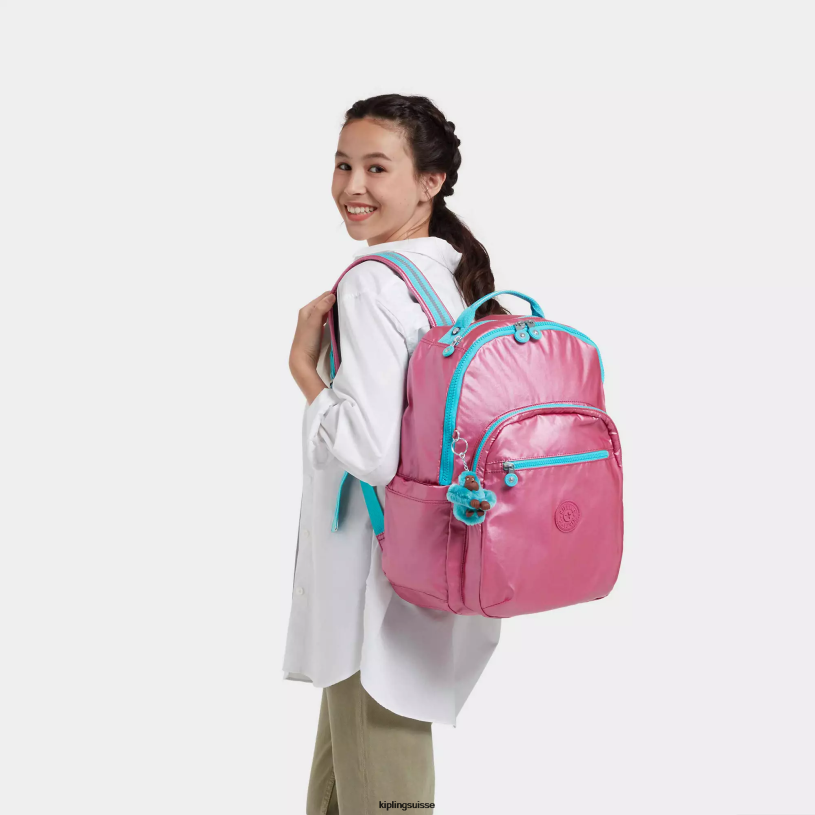 Kipling sacs à dos pour ordinateur portable rose frais métallisé femmes séoul ​​grand sac à dos métallique pour ordinateur portable 15" FPRN459